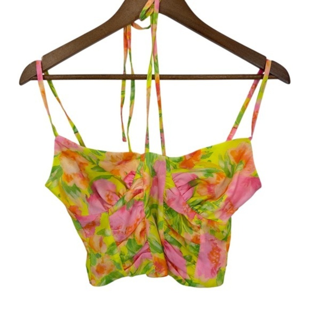 ASOS Design Floral Halter Neck Ruched Crop Top Neon Yellow Pink Green Size 6